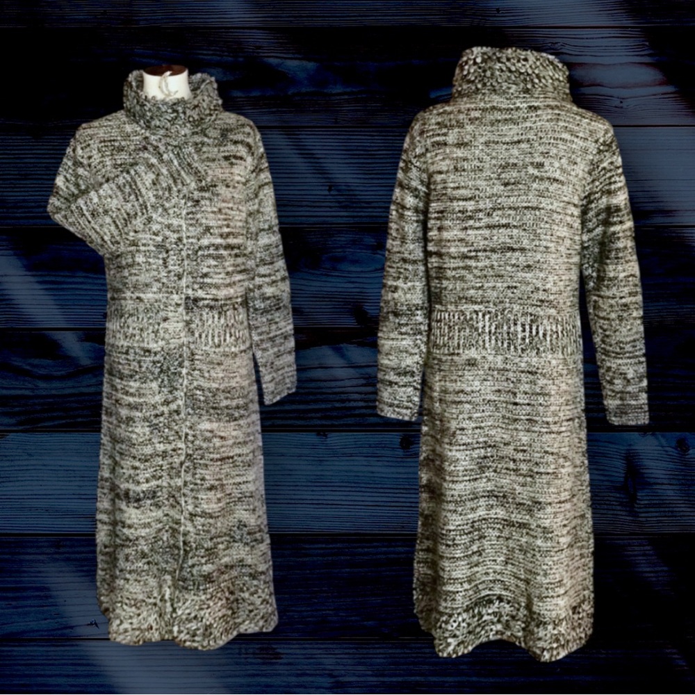 Michelle Nicole Knit Wool Blend Cardigan Duster Sweater Black WHT Grey Med VGUC
